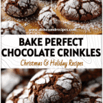 Close-up of Chocolate Crinkle Cookies covered in powdered sugar on a holiday baking tray